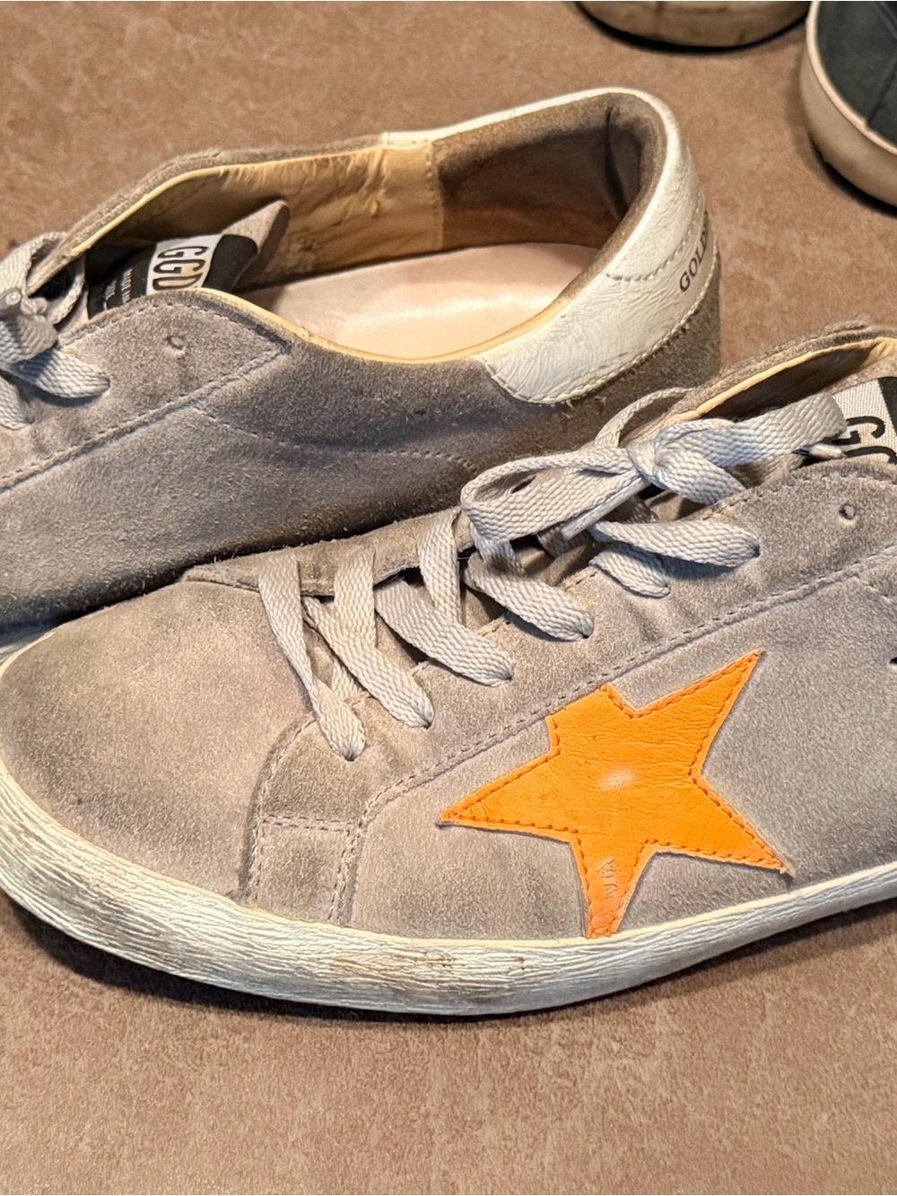 Golden Goose Grey Suede Sneakers with Orange Star Accent